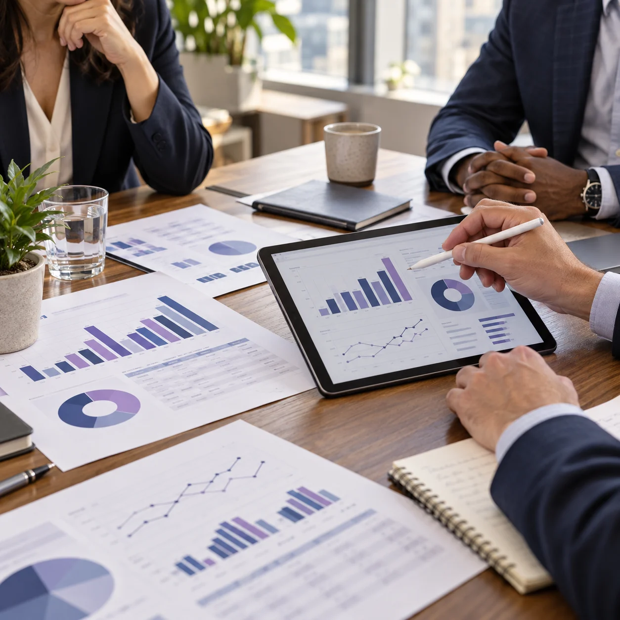 Análise de gráficos e indicadores em uma mesa de trabalho